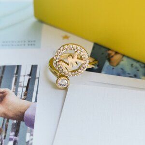 New Michael Kors Monogram Logo Crystal open ring size 8 Gold
